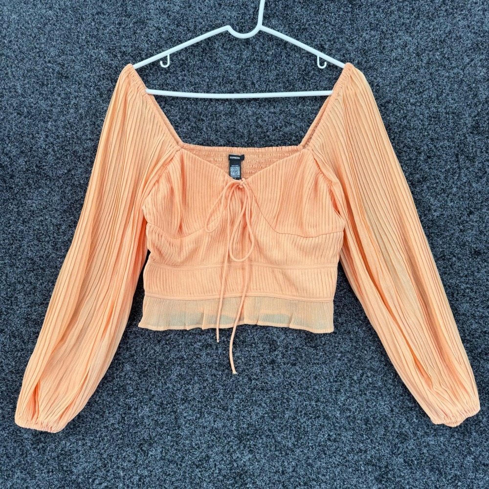 Express Conscious Edit Pleated Crop Top Peach Orange Smocked Back Blouse Small
